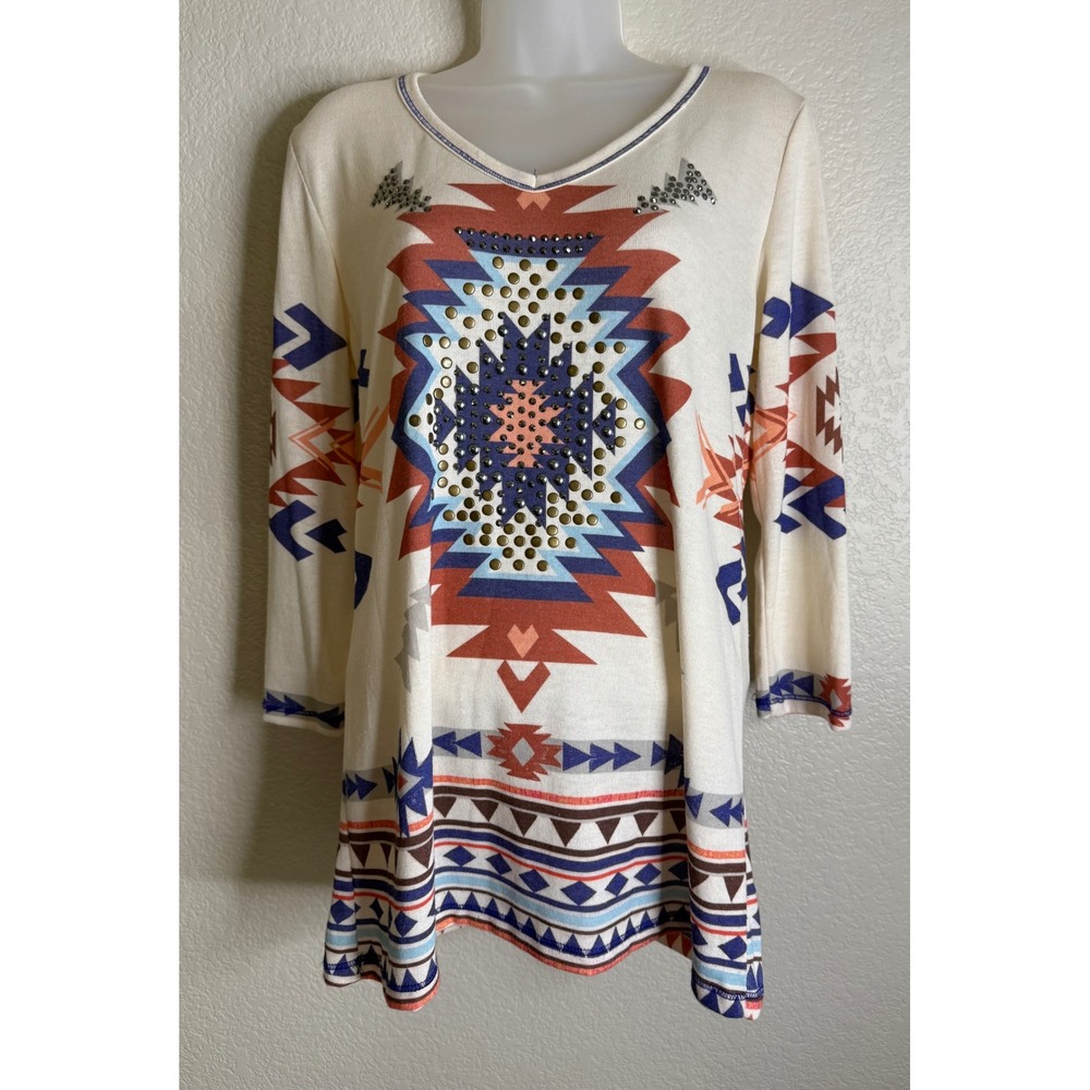 Liberty Wear Womens Small‎ Tunic Top Cream Southwestern Studded 3/4 Sleeve Aztec
